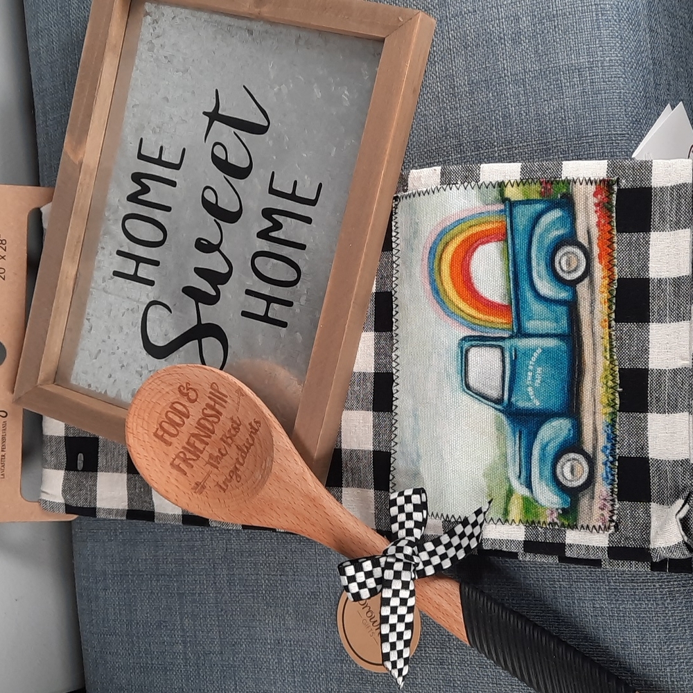 Buffalo Check Kitchen Dish Towel Wooden Spoon Home Sweet Home Wall Sign Friend